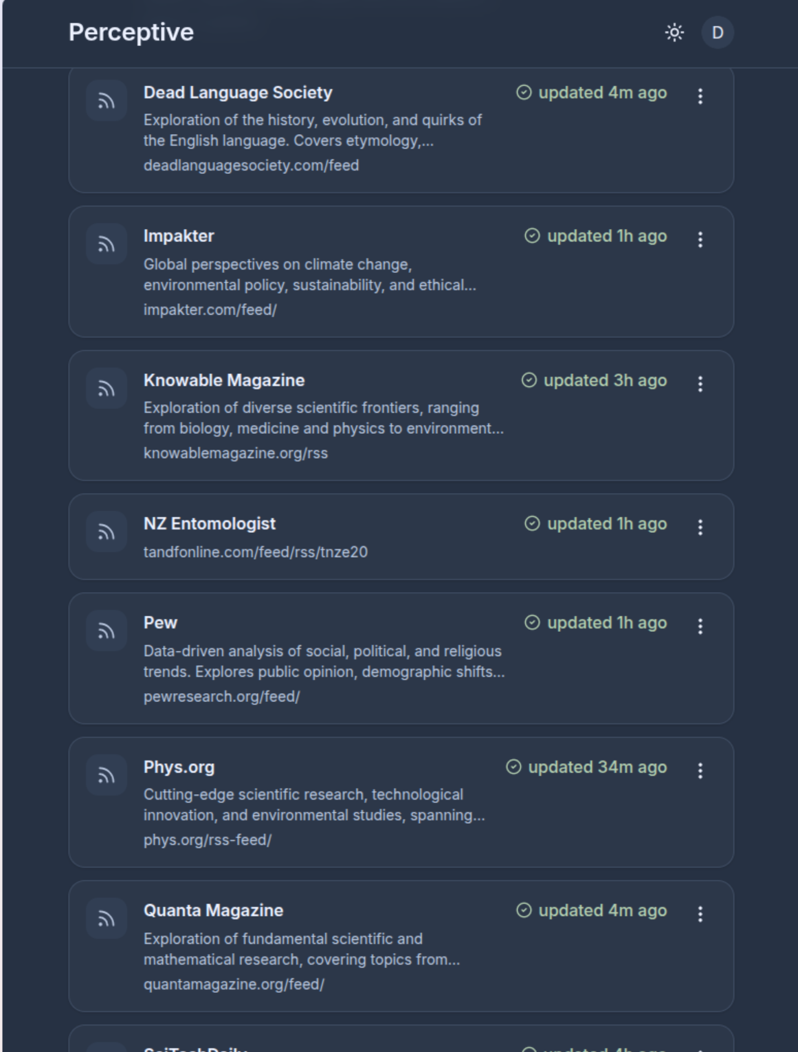 The feeds screen: the reader's chosen sources with their descriptions and last-updated times