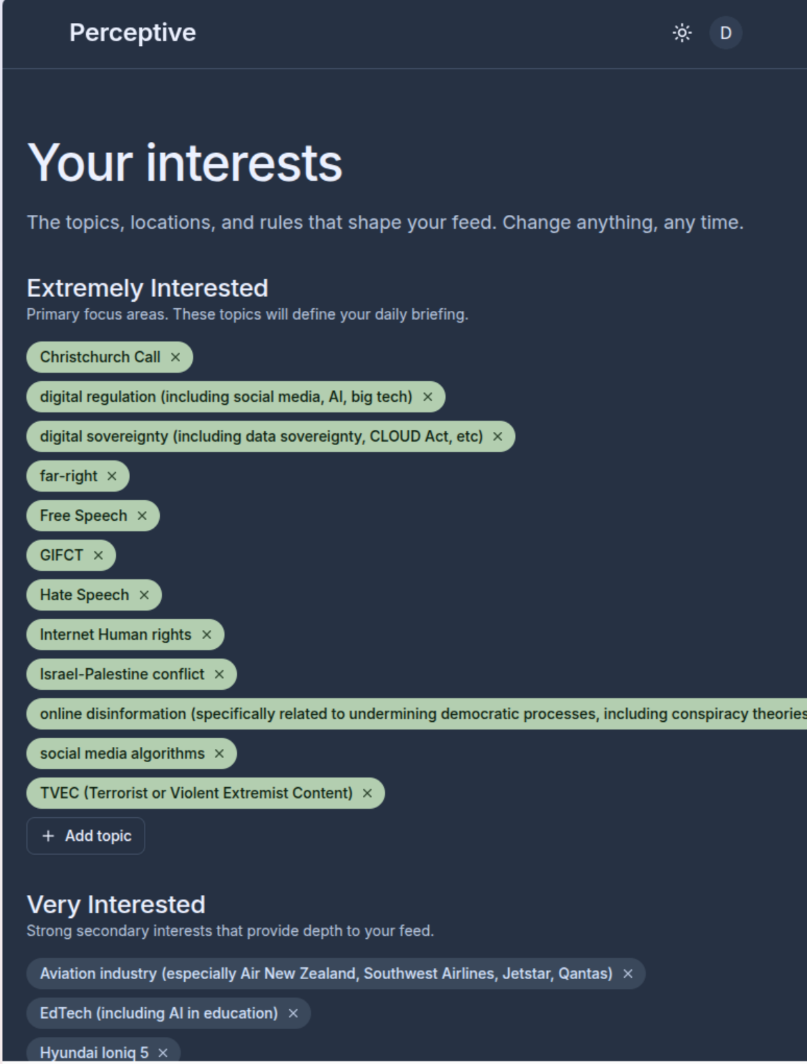 The interests screen: topics set in the reader's own words, graded by how much they matter